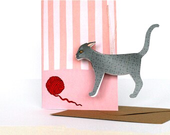 Carte chat gris 3D, carte d'anniversaire chat pop-up, cadeau chat gris, carte chat vierge