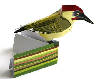 Green woodpecker card, pop up paper bird, woodpecker birthday card