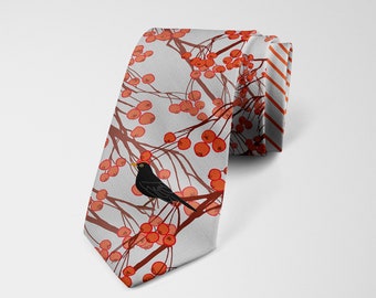 Silk Tie, men's necktie, red and grey tie with blackbird on, tie with bird on, tie for special occasion