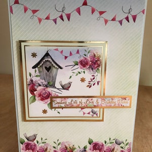 Shabby Chic Künstlerische Vogelbox, Blumen und Wimpelkette Geburtstagskarte