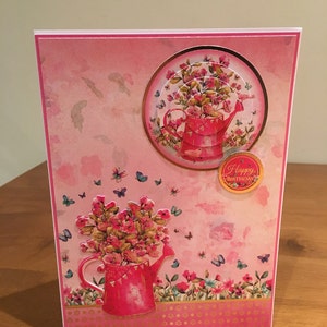Ladies or Girls Decoupaged Floral Watering Can Birthday Card With A Touch Of Gold Foiling