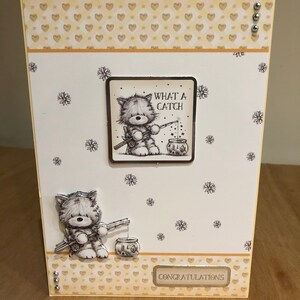 Cartão De Aniversário Feito à Mão Decoupage 3D Temático De Pesca De Gatinho Fofo