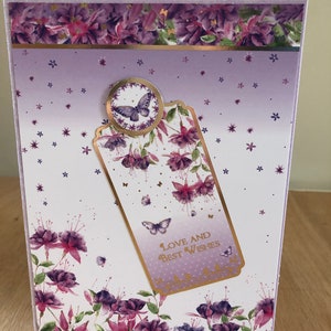 Gold vereitelt lila Fuchsia Blume und Schmetterling handgemachte Geburtstagskarte