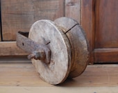 Antique pulley, Wood block, Iron tackle, Large pulley, Cast iron with heavy wood, Pulley tackle, Primitive pulley, Industrial, Barn pulley