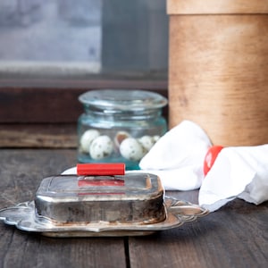 Vintage Metal Butter Dish with Glass Insert and Red Handle – Mid-Century Kitchen Decor – Farmhouse Breakfast Table Style