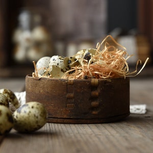 May include: A round, dark brown wooden container filled with light brown wood shavings and several speckled quail eggshells. Three whole speckled quail eggs are positioned outside the container on the surface, displaying dark brown spots on a cream-colored base.