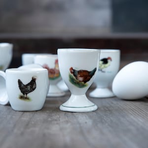 Può includere: Una collezione di portauova in ceramica bianca e una tazza piccola, ognuna decorata con una diversa illustrazione di un pollo. Un uovo bianco è appoggiato accanto alle tazze. I portauova hanno una base e un bordo verde.