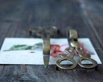 May include: Antique brass scissors and a letter opener rest on a wooden surface, with a floral print card in the background. The scissors have ornate handles and a pointed blade. The letter opener is simple and elegant.