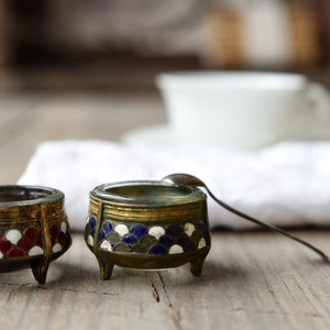 Vintage Salt Cellar With Spoon – Glass Insert and Enamel Melchior Metal Jar – 875 Silver Enamel Spoon – Miniature Decorative Pot