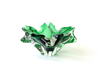 Ciotola in vetro verde soffiato a mano vintage - Piatto in vetro artistico scultoreo con forma organica