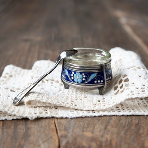 Vintage Salt Cellar with Spoon – Glass Insert, Blue Enamel & Silver Plated Melchior, Floral Design – Footed Salt Jar – Rustic Kitchen Decor