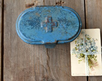 Vintage medical box, Red cross, Medicine box, Vintage doctor first aid, Vintage tin box, Tin container with cover, Blue box, Vintage storage