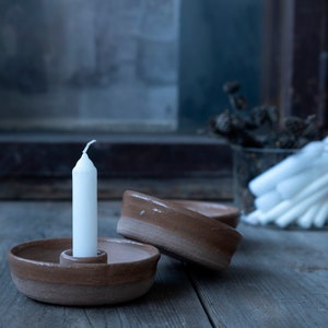 Vintage Ceramic Candle Holder – Rustic Brown Clay Taper Candle Holder with Wide Base, Handmade Pottery Style Farmhouse or Nordic Decor