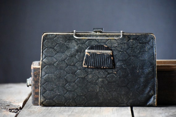 Antique handbag, Rectangular leather handbag, Vin… - image 1