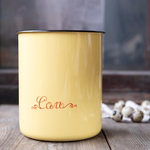 Vintage Enamel Salt Container – Rustic Yellow Enamelware with Red Lettering – Farmhouse Kitchen or Bathroom Storage