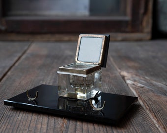 アンティークガラスインク壺 - ヒンジ付き蓋 - アンティークインク