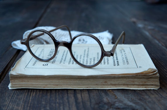 Antique round brown eyeglasses with case, Round e… - image 2