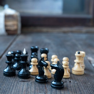 Vintage Wooden Chess Pieces – Incomplete Hand-Carved Chess Set – Rustic Decor – Natural and Black Wood – Upcycled Craft Supply
