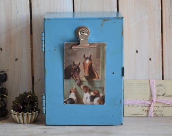 Vintage Blue Metal Wall Cabinet – Rustic Industrial Storage Box, Door Opens Left or Right, Farmhouse Bathroom or Kitchen Decor