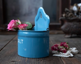 Vintage Blue Enamel Salt Box – Wall Mount or Countertop Storage – Rustic Kitchen Decor – French Country Style – Antique Salt Cellar