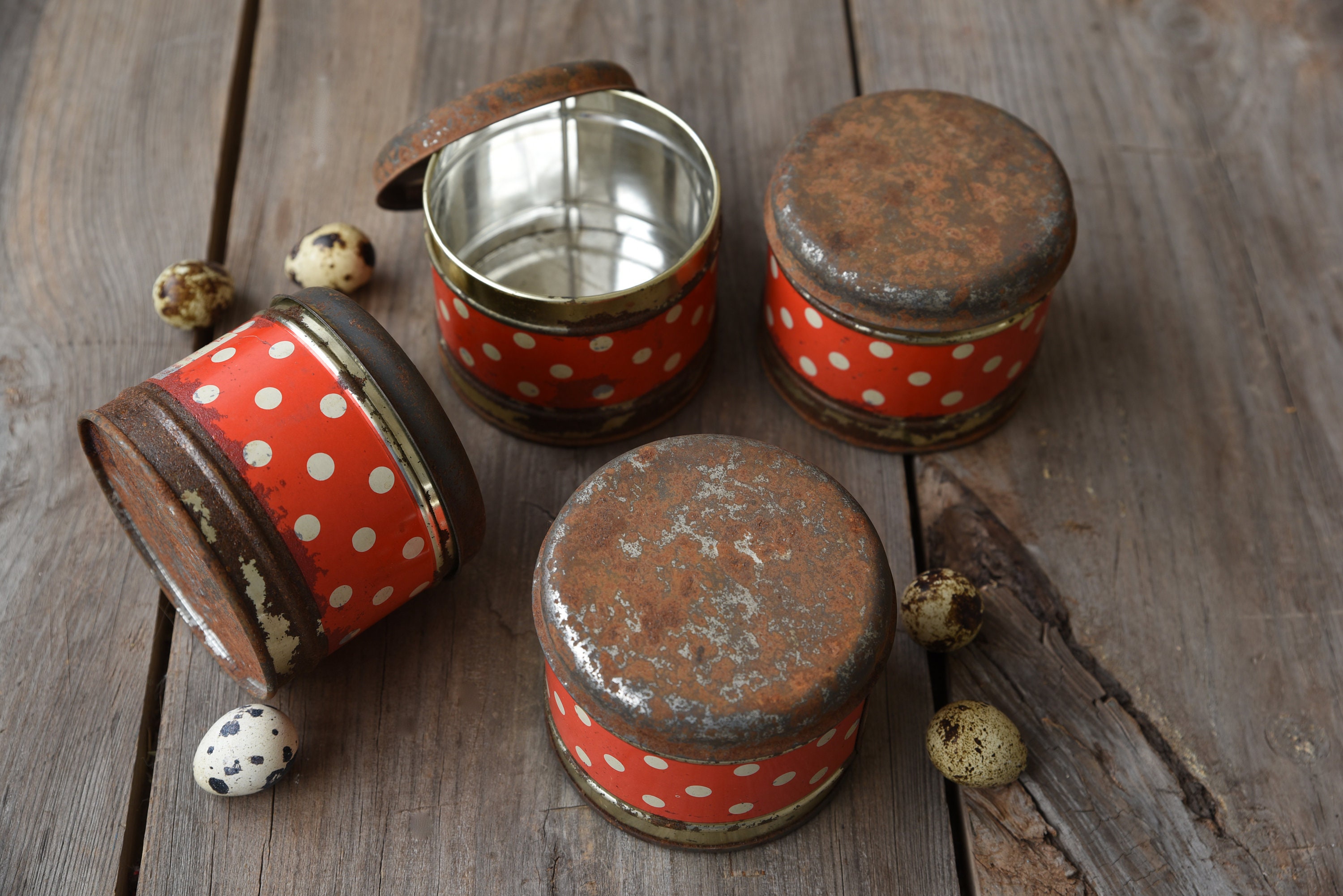 Vintage kitchen tin food containers Red tin containers Polka Etsy