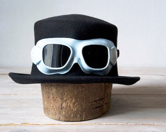 Óculos de segurança vintage com lentes de vidro pretas – Armação de borracha estilo steampunk – Acessório retrô para fantasia industrial