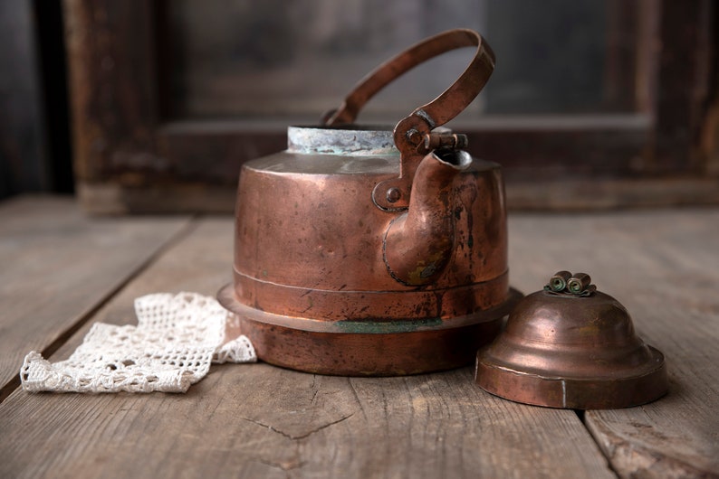 Vintage copper kettle, Copper teapot, Copper coffee pot with lid, Gooseneck pitcher, Vintage kitchenware, Shabby chick kitchen decor image 9