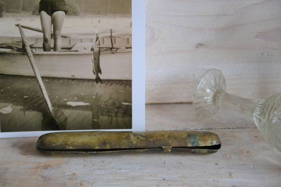 Antique cigar case, Rustic treasury box, Metal cig