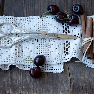 Può includere: Una natura morta con ciliegie rosso scuro, bastoncini di cannella legati con spago e forbici d'argento ornate su una tovaglietta di pizzo bianco. Gli oggetti sono disposti su una superficie di legno rustico.