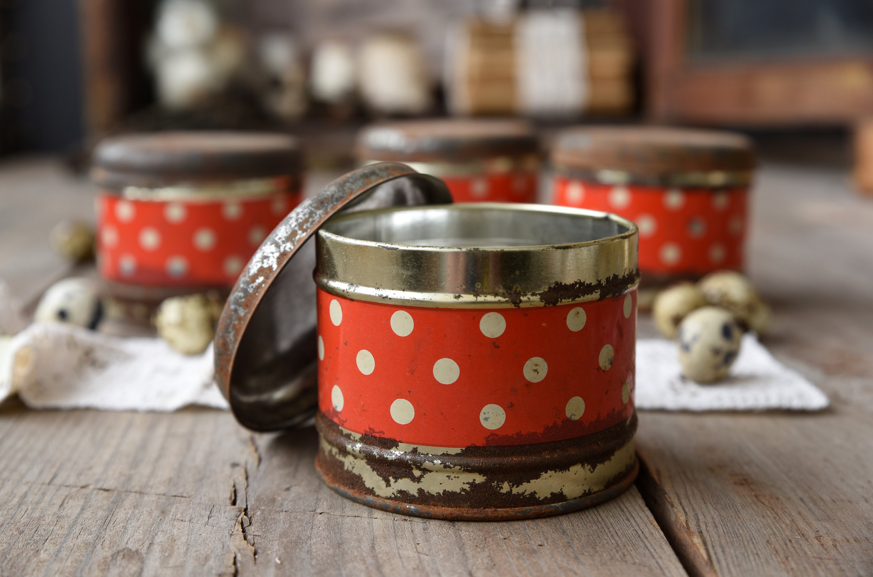 Vintage kitchen tin food containers Red tin containers Polka Etsy