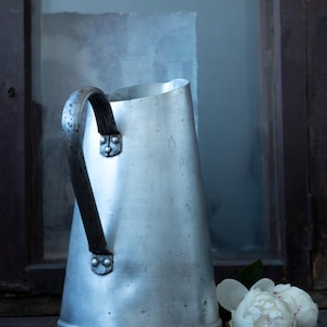 Large Heavy Antique Metal Pitcher – Early 20th Century Zinc Water Jug with Riveted Handle, Rustic Farmhouse Kitchen Decor, French Country