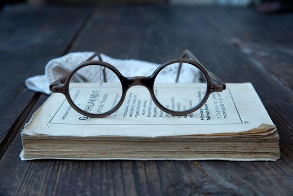 Antique round brown eyeglasses with case, Round e… - image 1