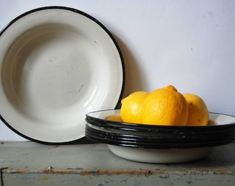 Vintage enamel plate, White enamel plate with black rim, Primitive plate, Tin plate, Enamel tableware, Rustic decor, Tin tableware