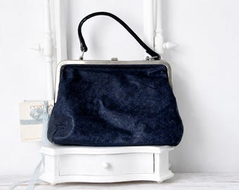 Vintage Blue Handbag – Faux Leather Purse – Mid Century Handbag – Retro Evening Bag – Structured Frame Bag