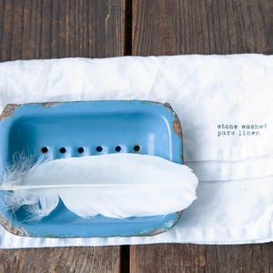 Blue Enamel Soap Dish – Two-Piece Shabby Rustic Bathroom Decor – Vintage Metal Tray with Patina – Farmhouse or Laundry Room Style