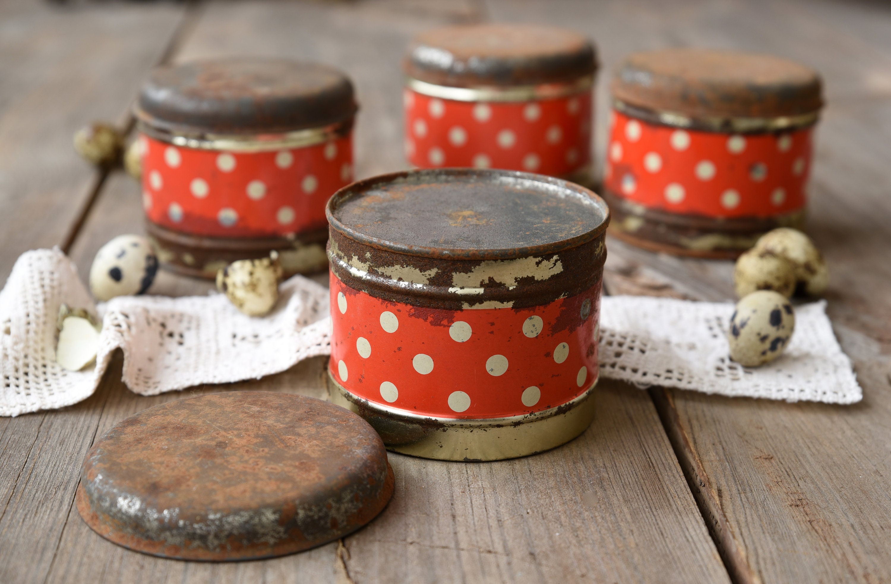 Vintage kitchen tin food containers Red tin containers Polka Etsy