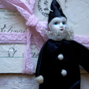 Mini Pierrot Doll with Porcelain Head – Black Satin Costume, Cloth Body, Lace Collar – Vintage Hanging for Display – Black & White Doll