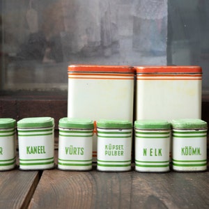Vintage Kitchen Canisters Set of 6 – Estonian Tin Food Containers with Lids – Rustic Painted Metal – Orange, Green, or Blue Labels