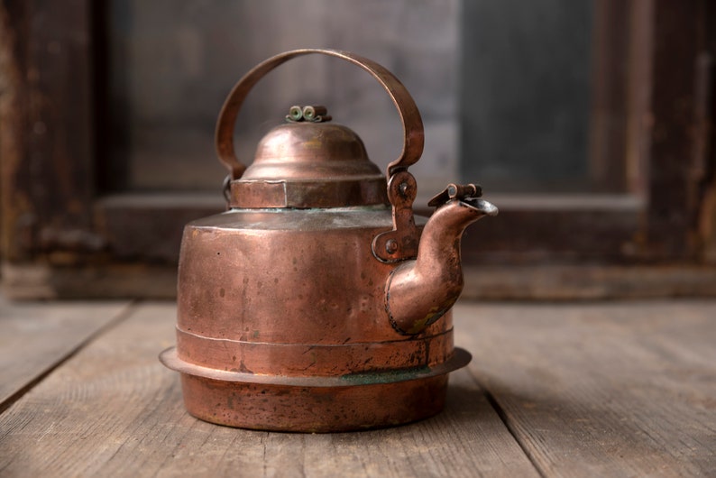 Vintage copper kettle, Copper teapot, Copper coffee pot with lid, Gooseneck pitcher, Vintage kitchenware, Shabby chick kitchen decor image 1