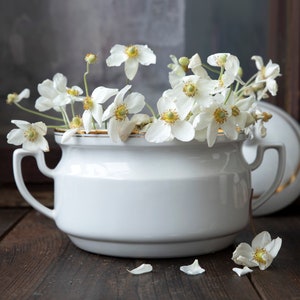 White Vintage Soup Tureen with Lid – Gold Rim Ceramic – French Country Kitchen – Rustic Farmhouse Decor – Elegant Serving Dish