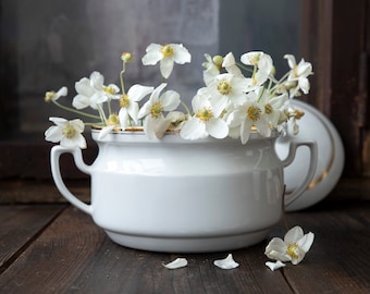 White Vintage Soup Tureen with Lid – Gold Rim Ceramic – French Country Kitchen – Rustic Farmhouse Decor – Elegant Serving Dish