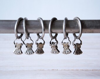 Antique Curtain Rings with Clips set – Rustic Patina, French Country Style Drapery Hooks, Vintage Curtain Clips - Antique Curtain Hardware
