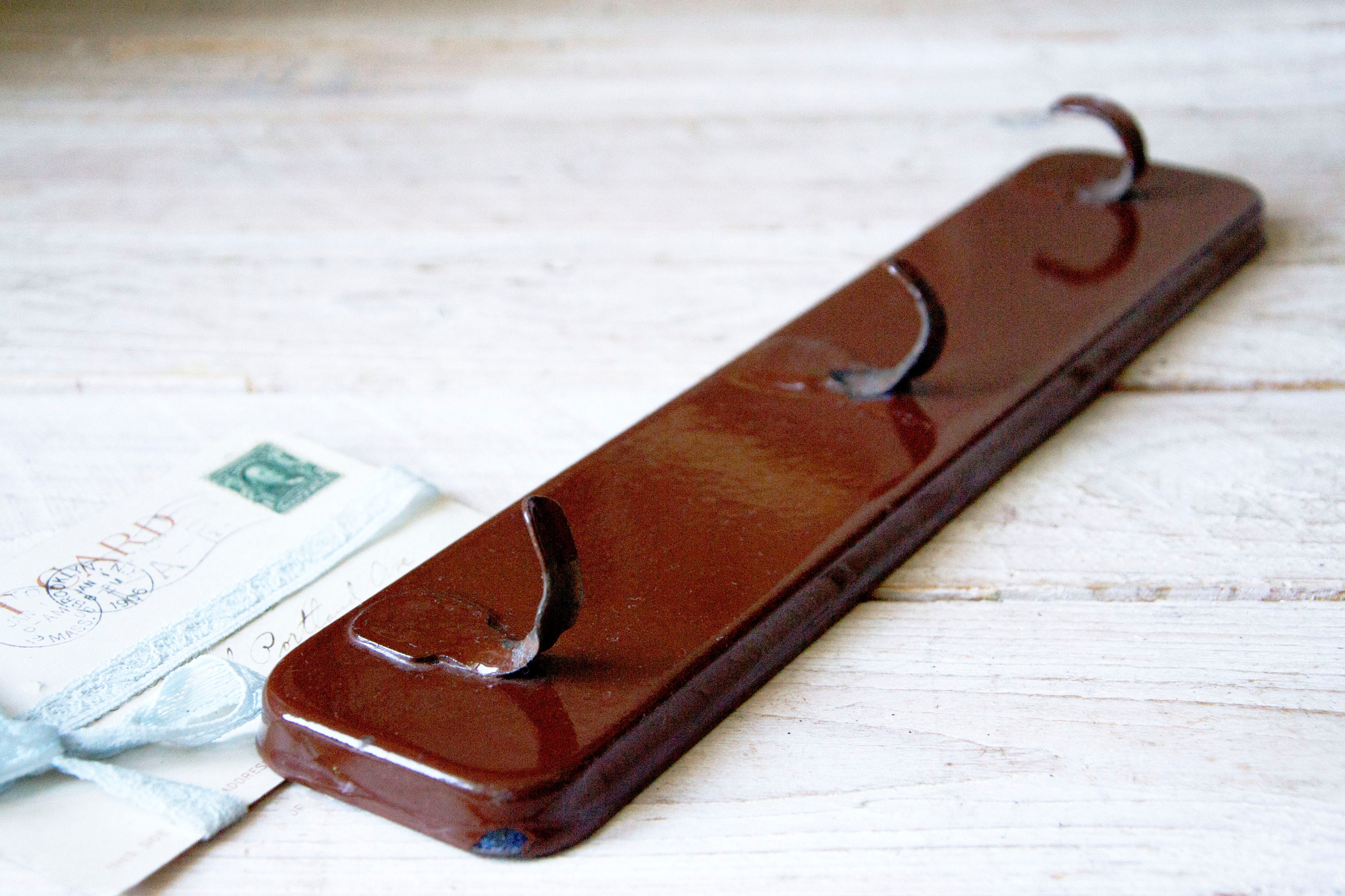 Vintage brown enamel towel rack Brown enamel hook rack Etsy
