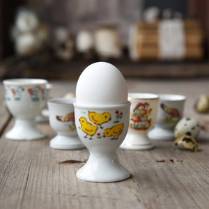 Antique Egg Cups – Yellow Chicks, Roosters, Children Designs – Collectible Ceramic Holders – Easter Tableware – Farmhouse Style