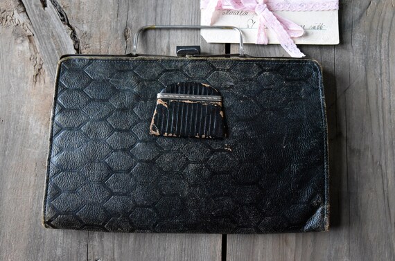 Antique handbag, Rectangular leather handbag, Vin… - image 3