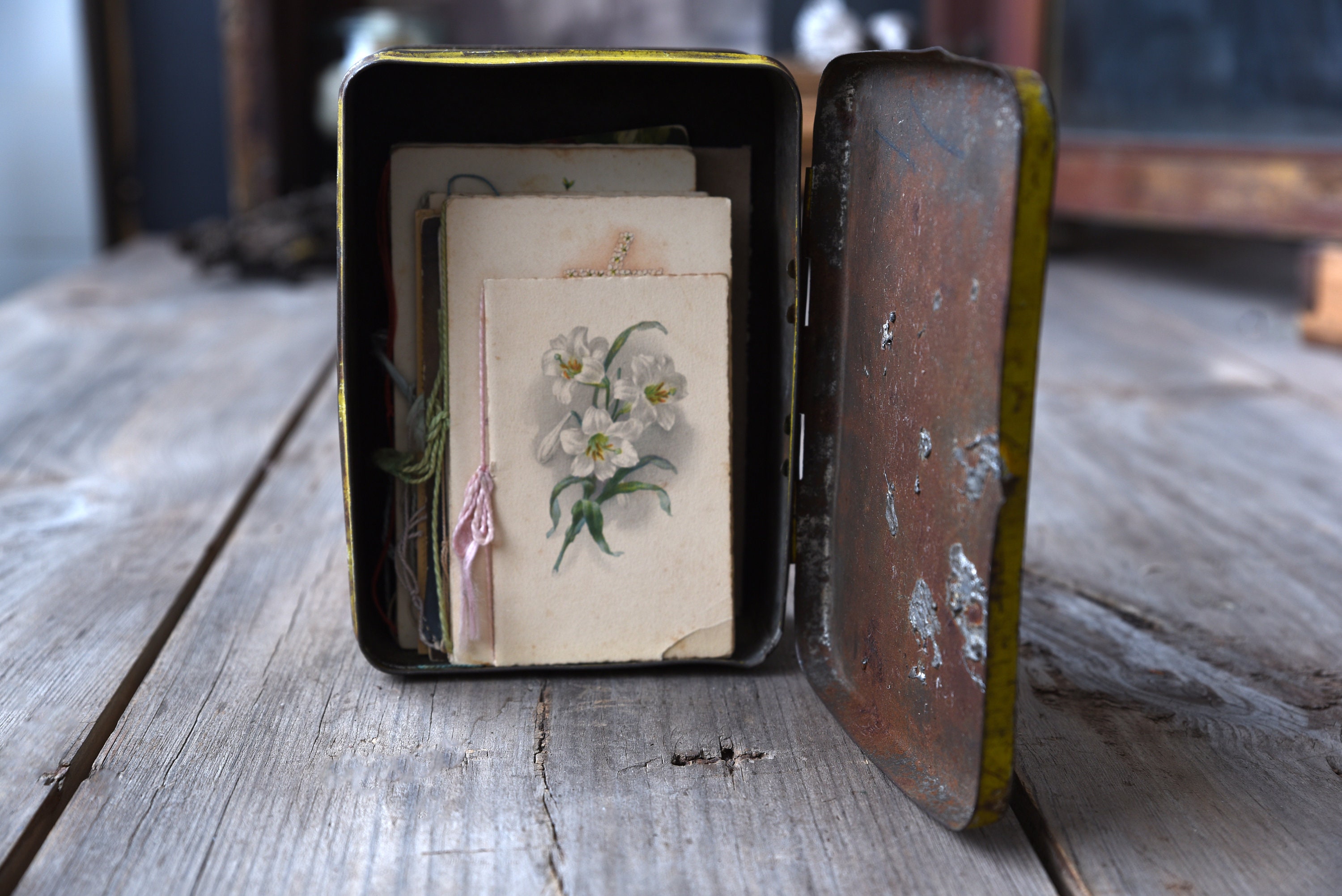 Vintage tin box Box with hinged lid Tin container with Etsy