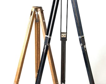 Vintage Wooden Tripod with Telescoping Legs – Industrial Photo Stand or Lamp Base – Rustic Survey Tripod for Display or Lighting
