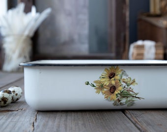 Vintage White Enamel Dish With Yellow Flowers – Cottage Kitchen Decor, Rustic Enamelware Tray, Farmhouse Floral Storage Bin