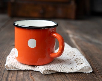 Vintage polka dot enamel mug, Orange enamel cup, Vintage enamel mug, Red polka dot enamelware, Enamel kitchenware, Red polka dot enamelware