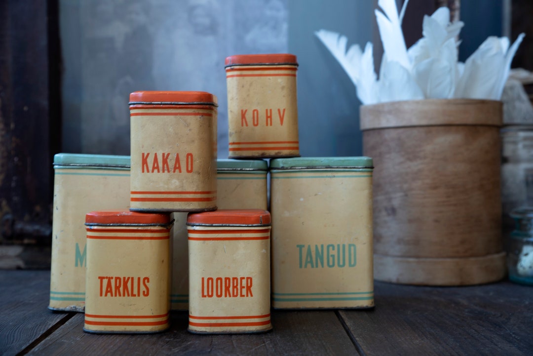 Vintage Kitchen Containers With Labels, Vintage Food Containers With